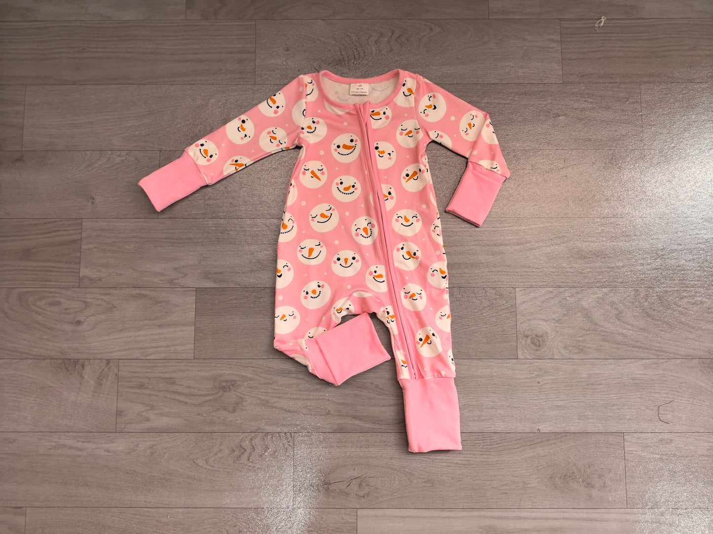 (Sample) No moq milk silk LR3165 Baby Girls Pink Snowman Print Long Sleeve Zip Christmas Romper