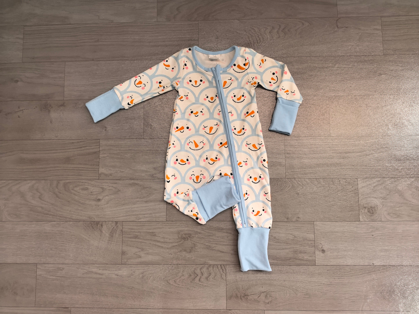 (Sample) No moq milk silk LR3166 Baby Boys Blue Snowman Print Two Way Zip Front Convertible Christmas Romper