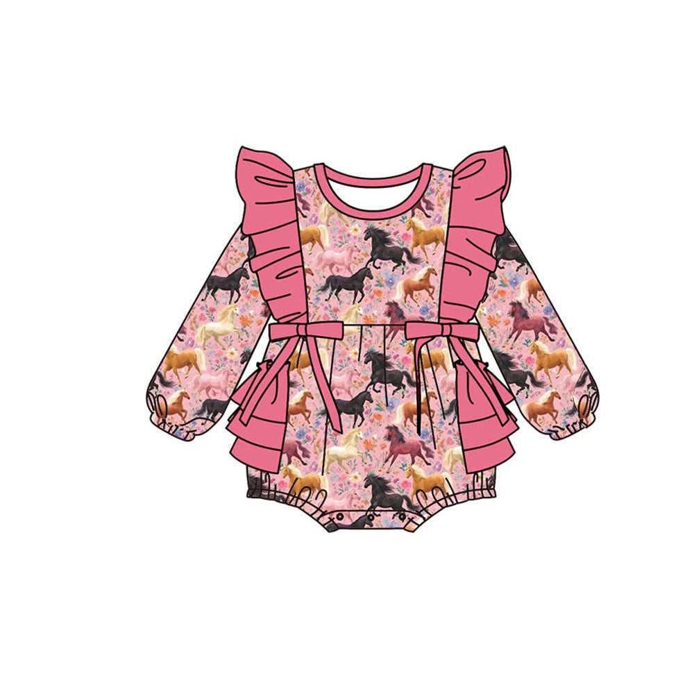 (Preorder new) No moq Baby Girls Western Horse Floral Print Square Neck Puff Short Sleeve Ruffle Hem Dress Rompers