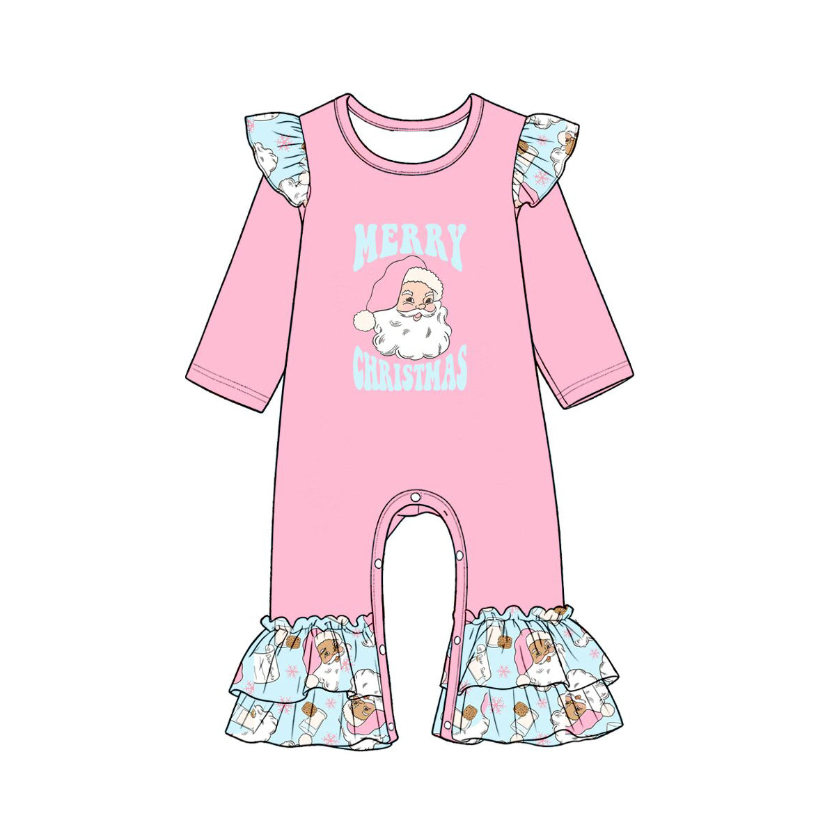 (Preorder new) No moq Baby Girls Merry Christmas Santa Print Pink Long Sleeve Sweatshirt Light Blue Santa Milk Cookie Ruffle Flare Pants Set Rompers
