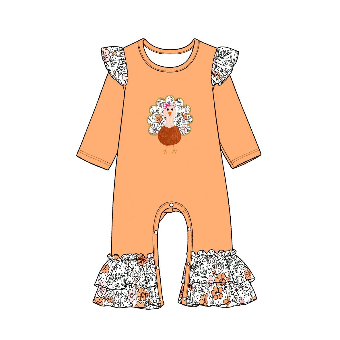 (Preorder new) No moq Baby Girls Thanksgiving Turkey Print Orange Long Sleeve Sweatshirt Floral Print Ruffle Flare Pants Set Rompers