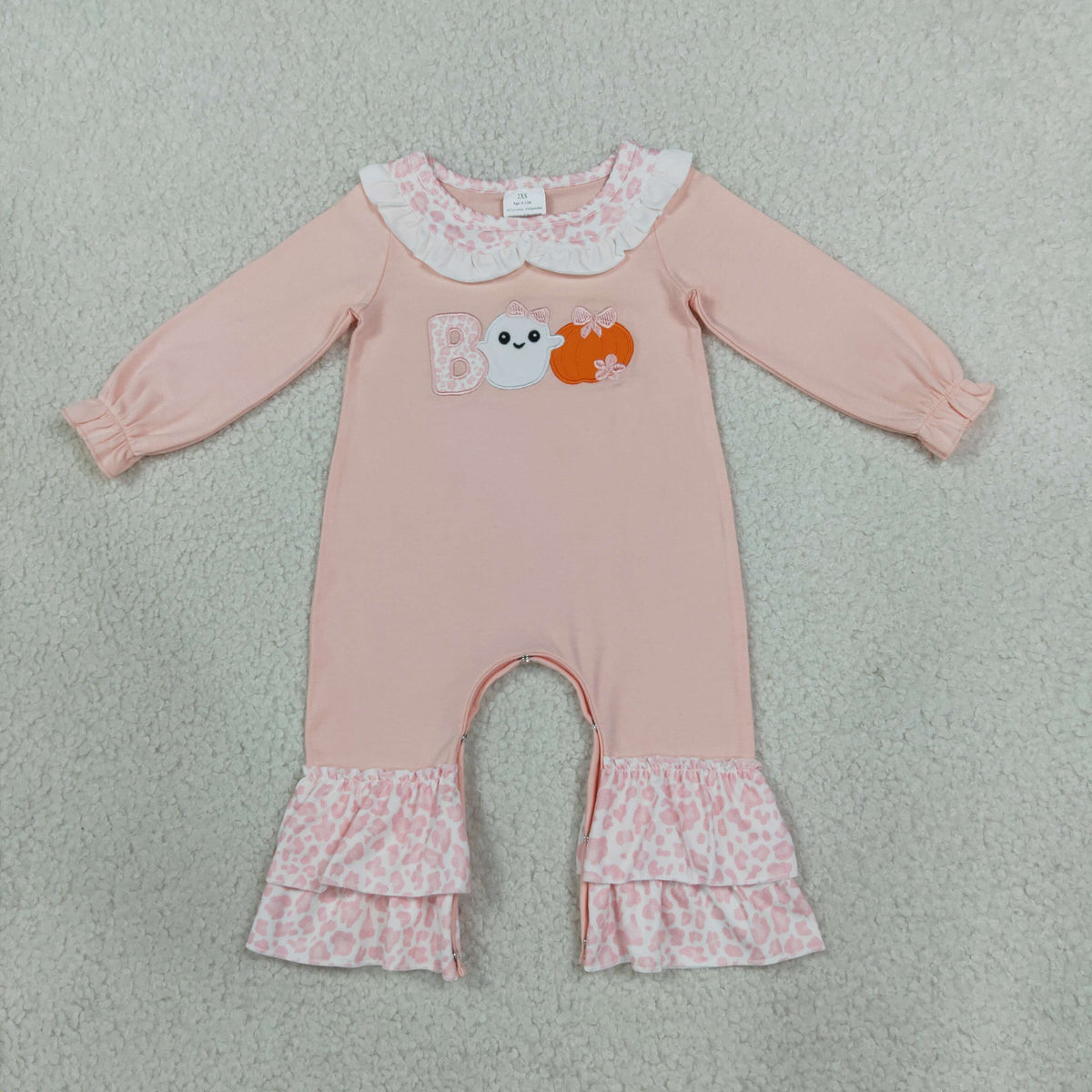RTS NO MOQ Sibling milk silk Embroidery Baby Girls Pumpkin Long Sleeve Top And Pink Leopard Tiered Ruffle Pants Set Romper Halloween Clothing