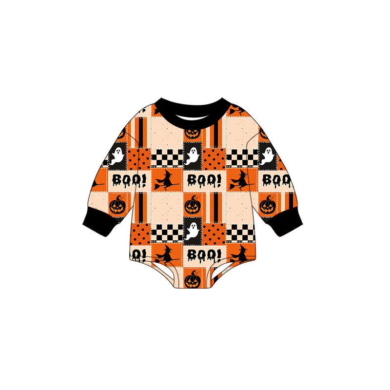(Preorder new) No moq Baby Boys Halloween Ghost Pumpkin Print Long Sleeve Hoodie With Side Pocket Cuffed Jogger Pants Set Long Sleeve Romper
