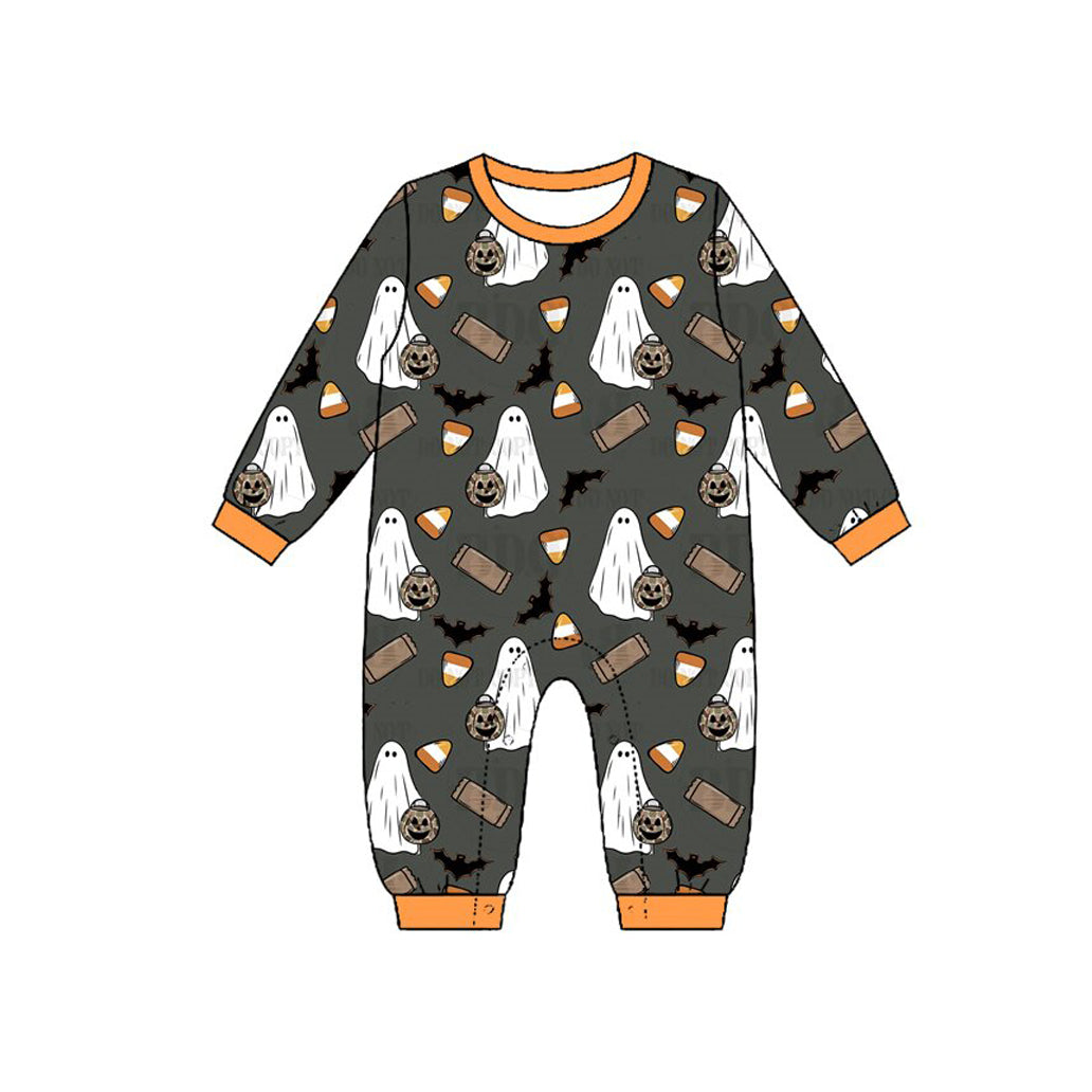 (Preorder new) No moq Baby Boys Halloween Ghost Pumpkin Print Orange Button Front Long Sleeve Top Matching Pants Set Hoodies Top Romper