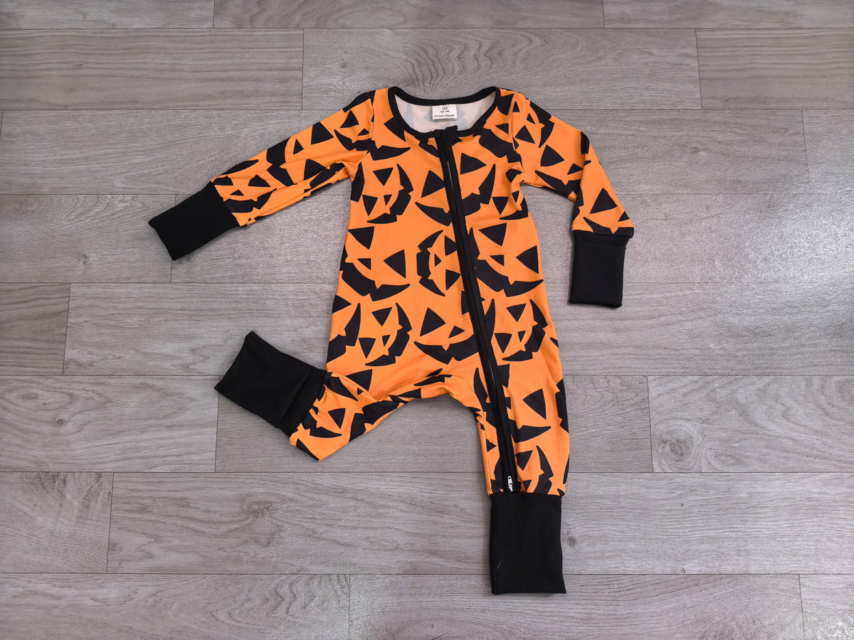 (Sample) No moq milk silk LR3243 Baby Boys Ghost Pumpkins Long Sleeve Halloween Two Way Zip Convertible Romper