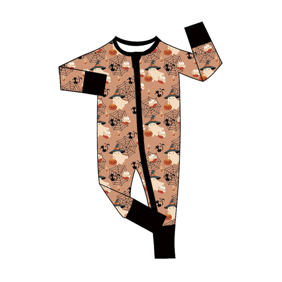 (Preorder new) No moq Boys Khaki Halloween Ghost Witch Hat Black Cat Print Long Sleeve Button Down Collared Shirt Romper