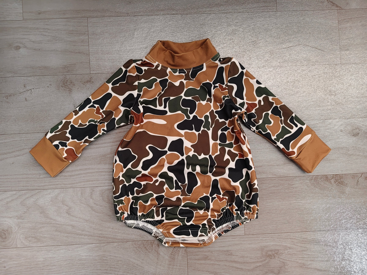 (Sample) No moq milk silk LR3261 Baby Boys High Neck Long Sleeve Dark Brown Camo Rompers