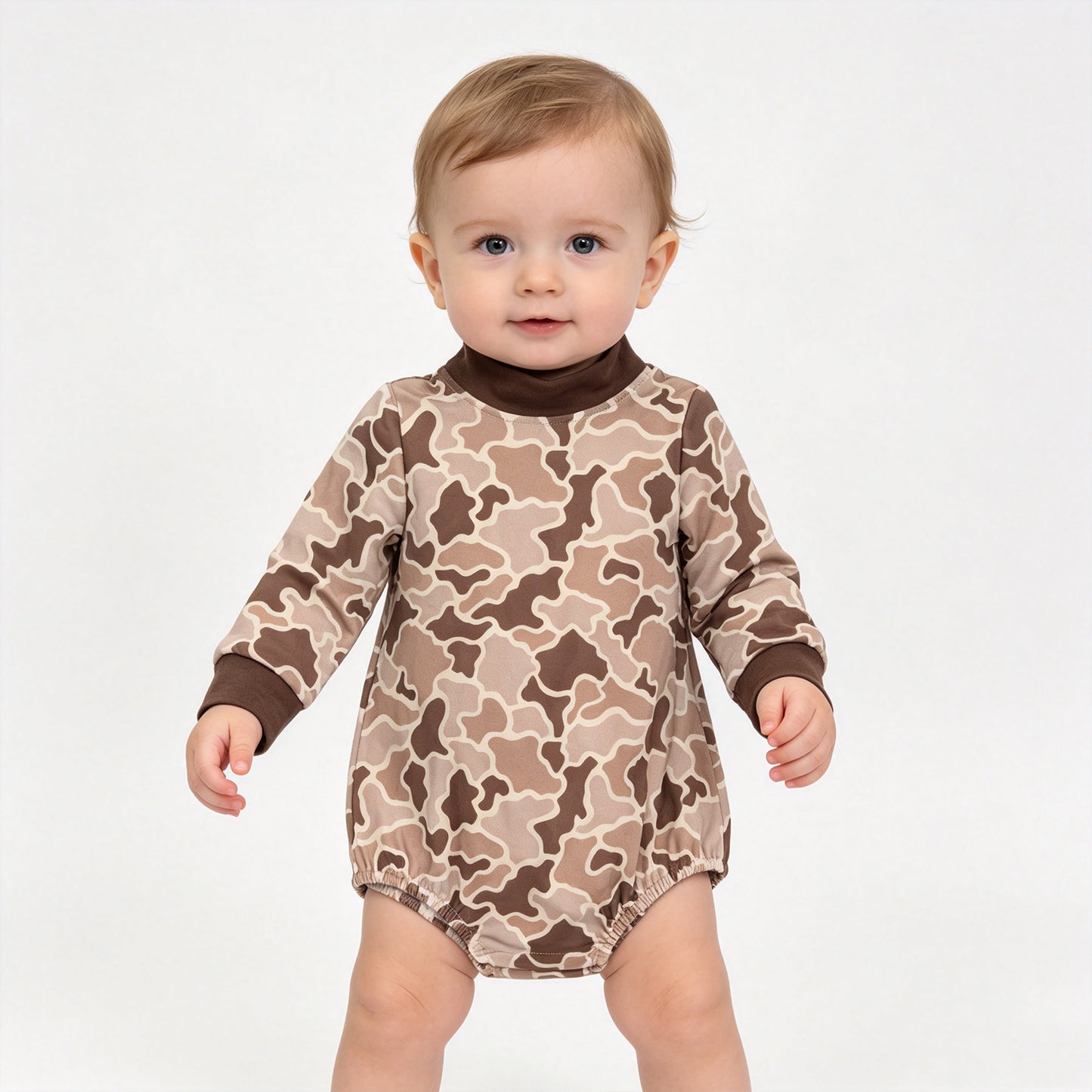 (Sample) No moq milk silk LR3263 Baby Boys High Neck Long Sleeve Khaki Camo Rompers