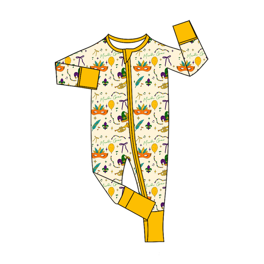 (Preorder new) No moq Girls Yellow Print Long Sleeve Ruffle Hem Top Pant Set Romper