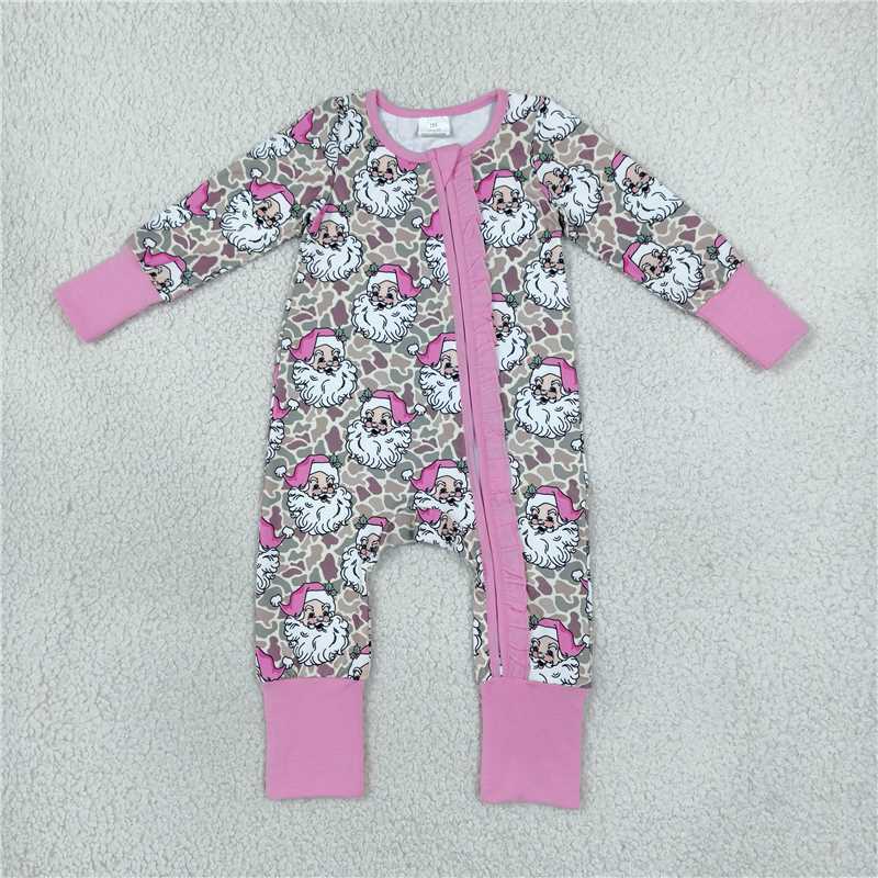 RTS NO MOQ Sibling milk silk Baby Girls Santa Print Two Way Zip Long Sleeve Ruffle Cuff Romper