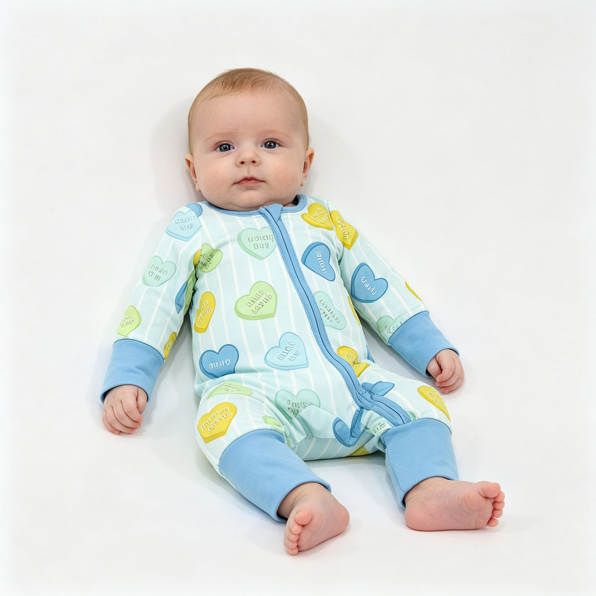 (Sample) No moq milk silk LR3326 Baby Boys Blue Stripe LOVE YOU Hearts Print Two Way Zip Convertible Valentines Rompers