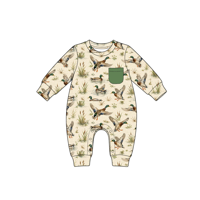 (Preorder new) No moq LR3327 Baby Kids Duck Reed Grass Print Long Sleeve Romper