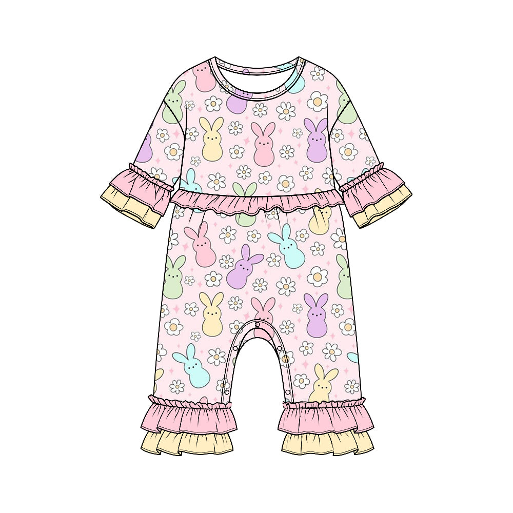 (Preorder new) No moq Baby Girls Bunny Daisy Print Tiered Ruffle Long Sleeve Dress And Baby Ruffle Trim Romper Easter Spring Matching Outfit Set