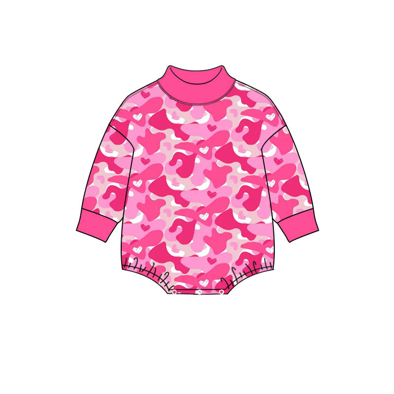 (Preorder new) No moq Baby Girls Pink Heart Camo Print Mock Neck Long Sleeve Romper And Bow Scallop Hem Dress