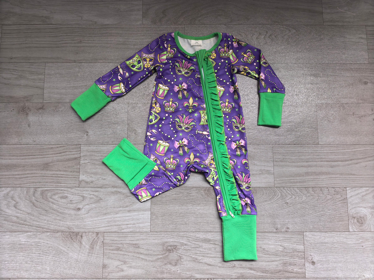 (Sample) No moq milk silk LR3334 Baby Holiday Purple Two Way Ruffle Zip Convertible Rompers