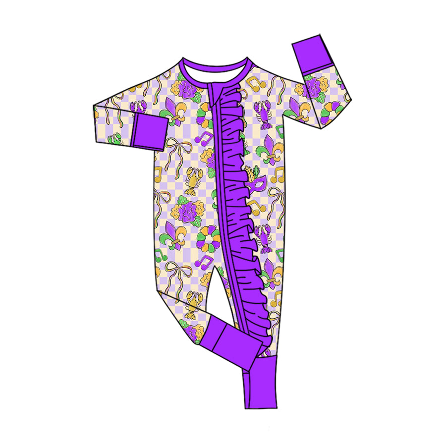 (Preorder new) No moq Baby Girls Print Long Sleeve Top Bow Pants Set And Baby Ruffle Zip Rompers