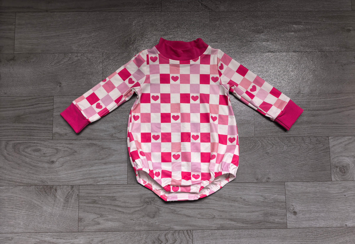 (Sample) No moq milk silk LR3337 High Neck Baby Girls Cute Pink Checked Hearts Long Sleeve Valentines Romper