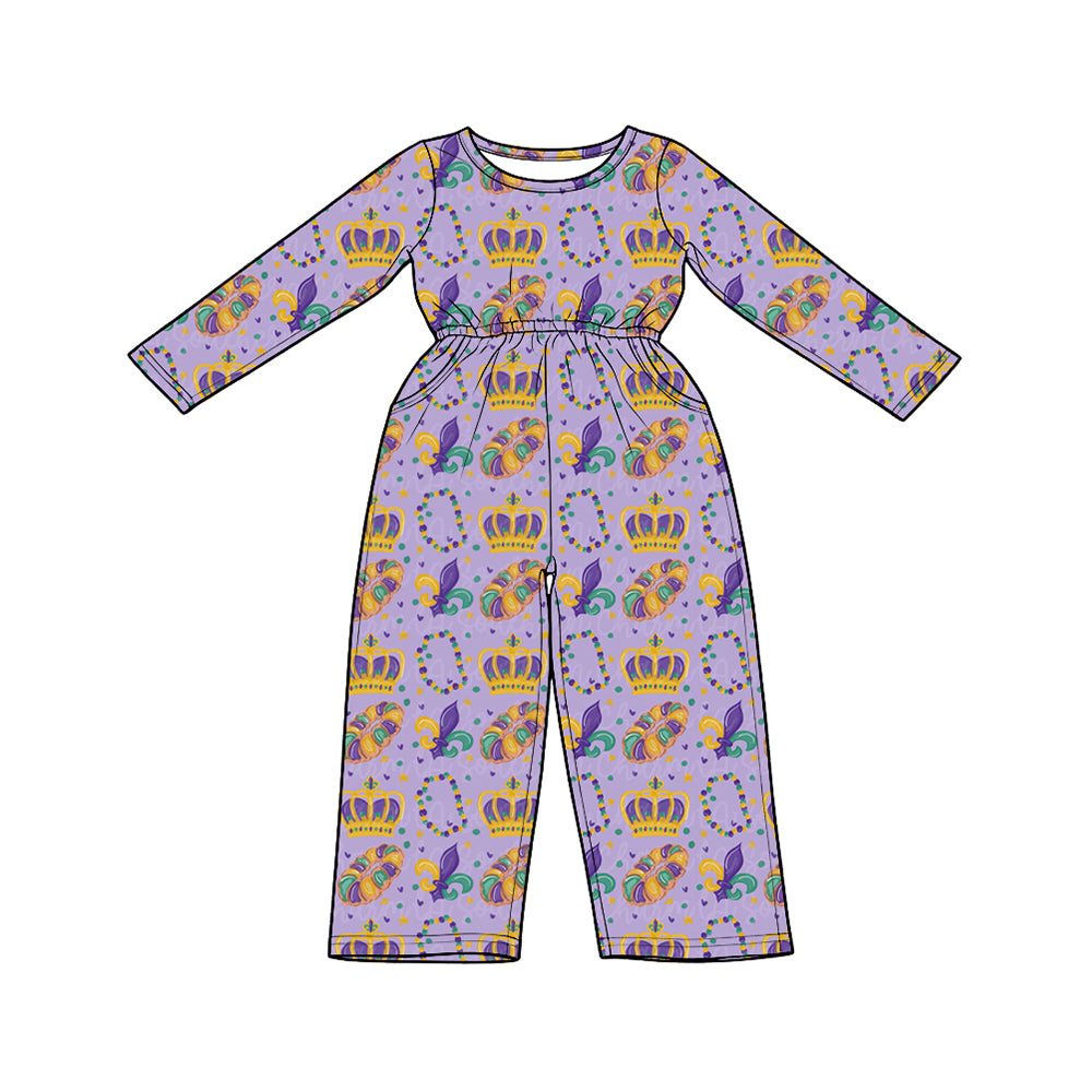 (Preorder new) No moq cotton Baby Girls Print Jumpsuit And Girls Ruffled Top Wide Leg Pants Set Purple Green Gold Matching Outfit