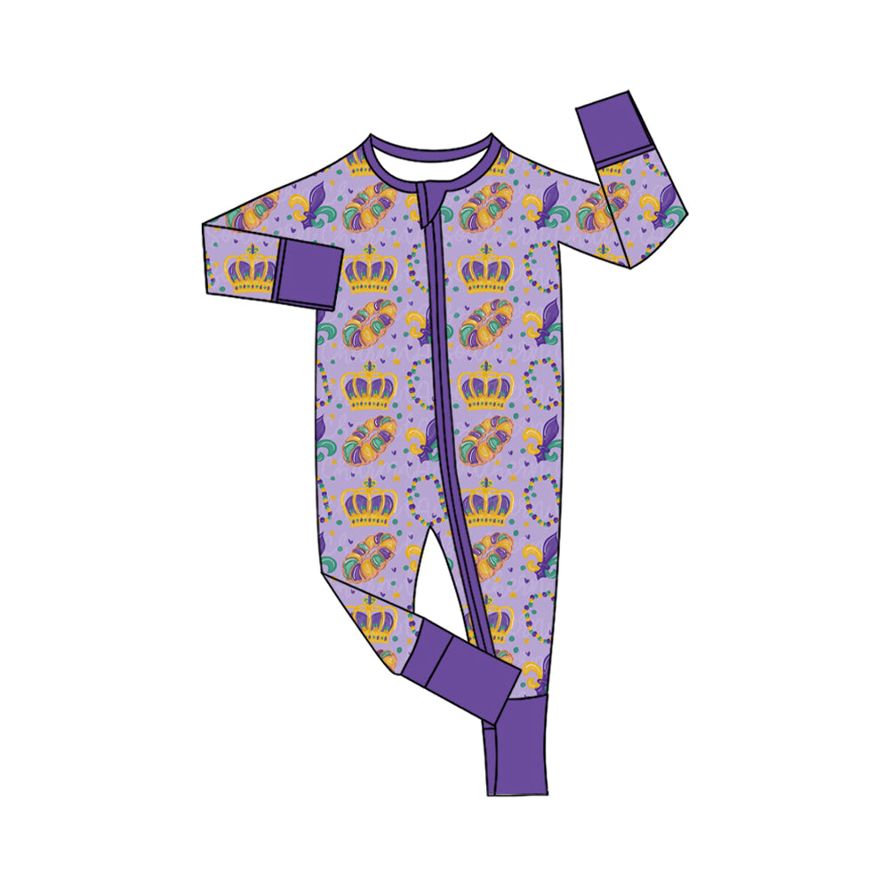 (Preorder new) No moq Baby Boys Purple Long Sleeve Print Pajama Set Baby Zipper Romper