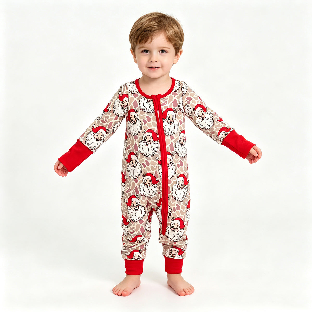(Sample) No moq milk silk LR3345 Baby Boys Khaki Camo Santa Christmas Long Sleeve Two Way Zip Convertible Rompers
