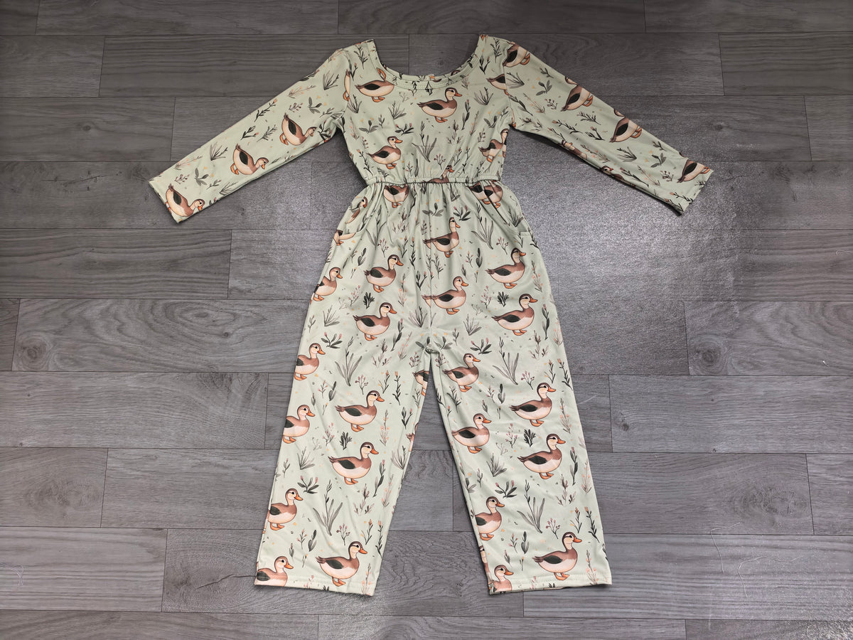 (Sample) No moq milk silk LR3348 Baby Girls Flowers Ducks Long Sleeve Pockets Jumpsuits