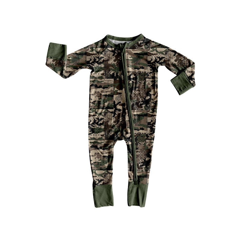 (Preorder new) No moq Baby Boys Camo Print Long Sleeve Pajama Set Zipper Convertible Romper