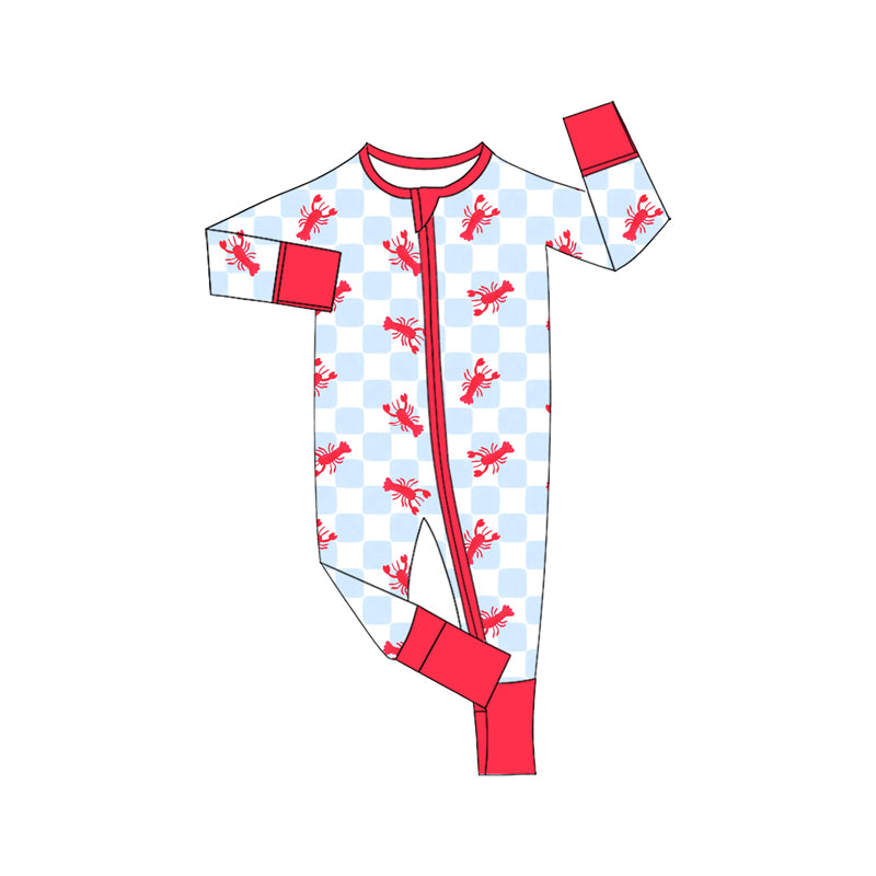 (Preorder new) No moq Baby Boys Light Blue Checkered Red Crawfish Print Kids Hoodie Pajama Set Baby Zipper Romper