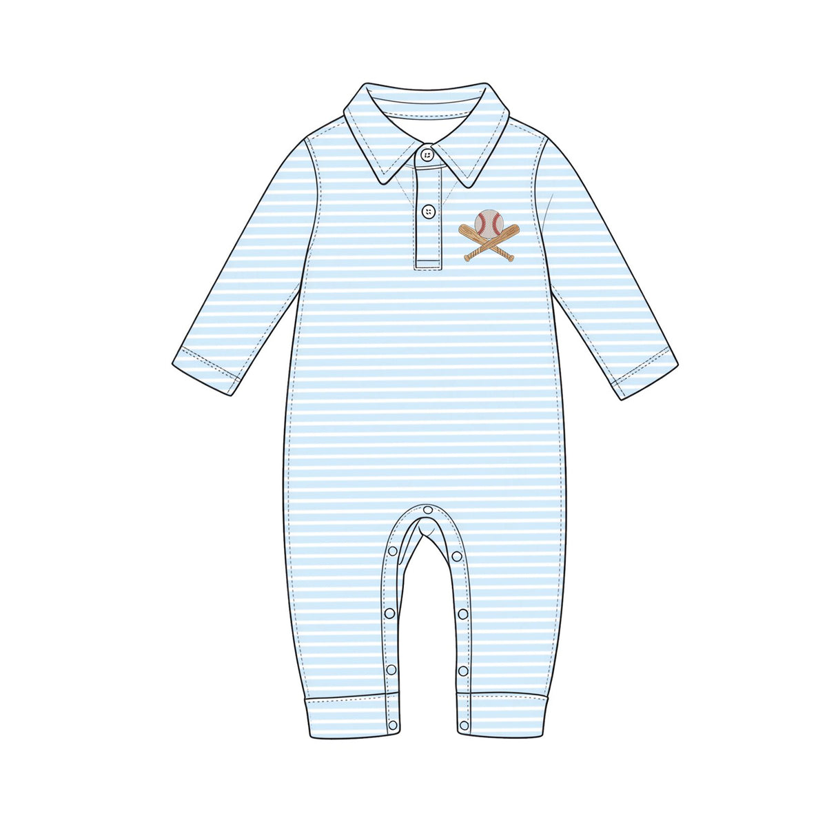 (Preorder new) No moq Baby Boys Light Blue Striped Long Sleeve Polo Shirt And Baseball Embroidery Romper Set
