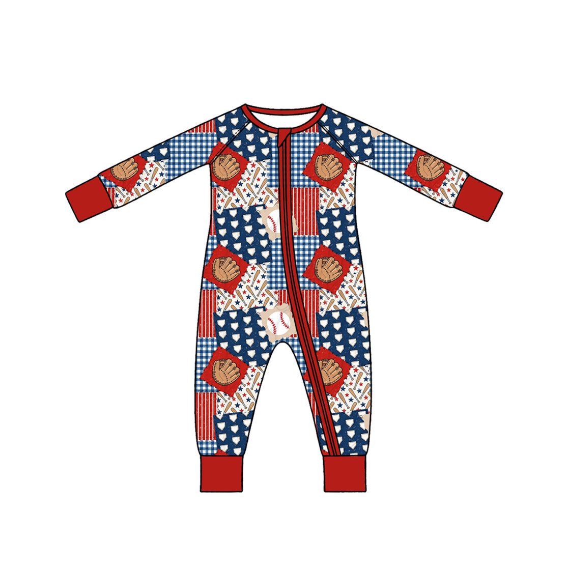 (Preorder new) No moq Baby Boys Red Navy Patchwork Baseball Print Zipper Romper And Long Sleeve Pajama Set