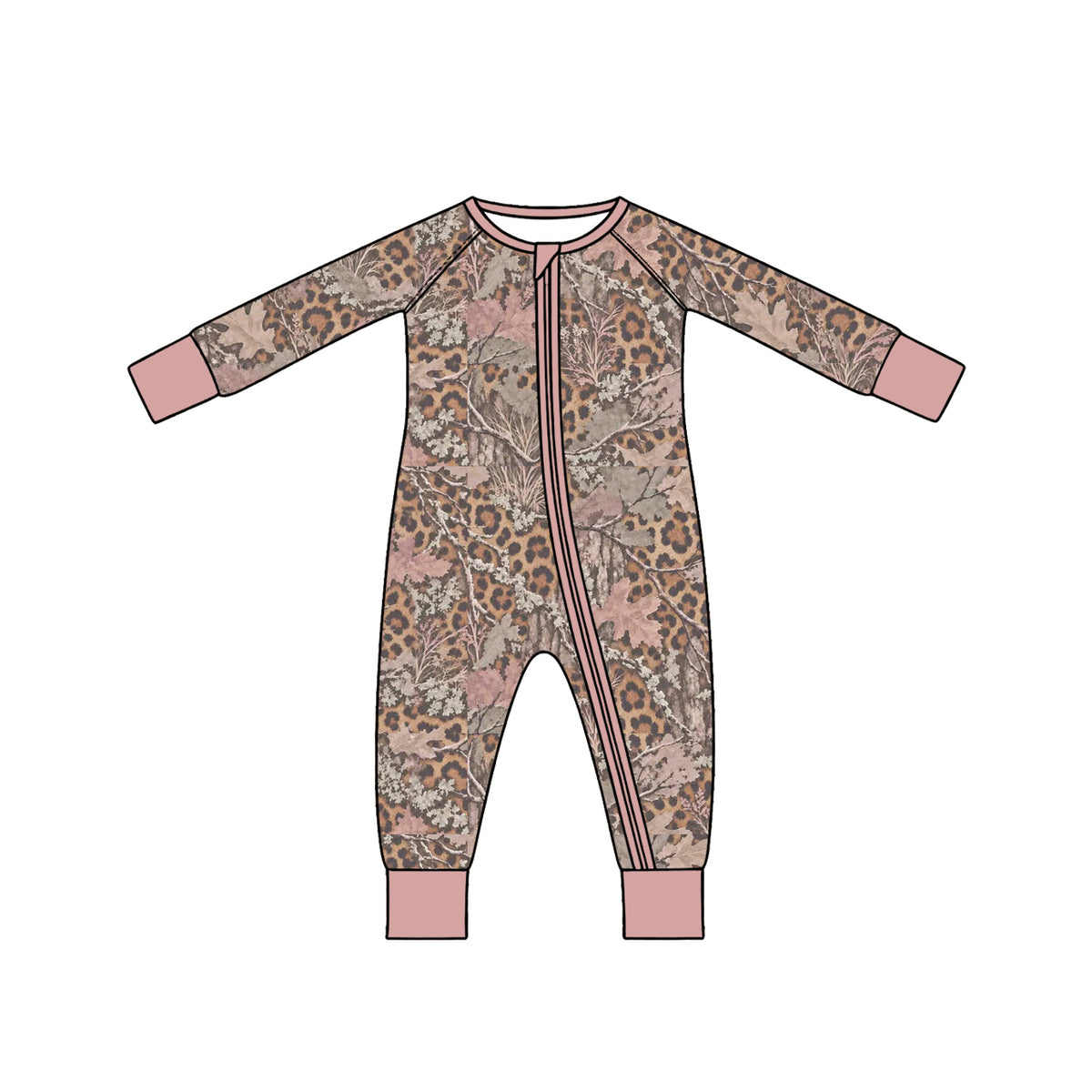 (Preorder new) No moq Baby Girls Camo Leopard Leaf Print Zipper Romper And Long Sleeve Pajama Set