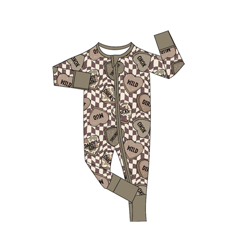 (Preorder new) No moq Baby Boys Brown Checker Heart Print Outfit Long Sleeve Tee Pant Hoodie Jogger And Zipper Romper