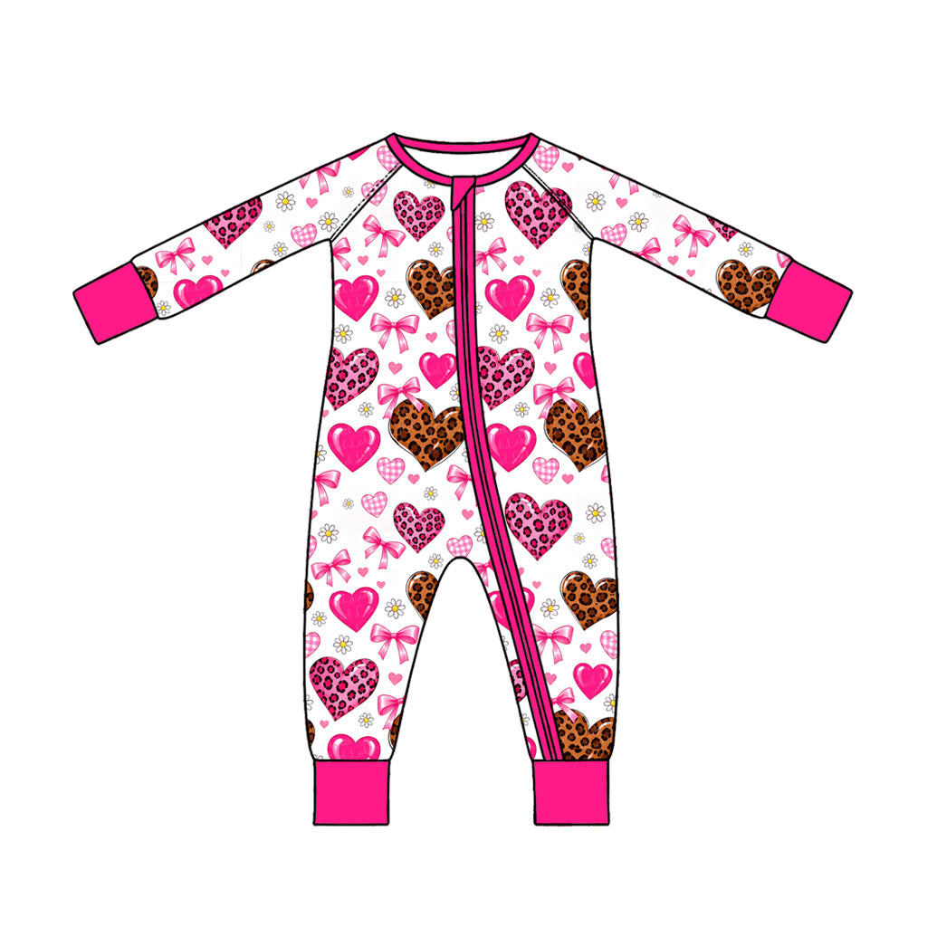 (Preorder new) No moq Baby Girls Pink Leopard Heart Bow Pajama Set Zipper Romper Long Sleeve Sleepwear