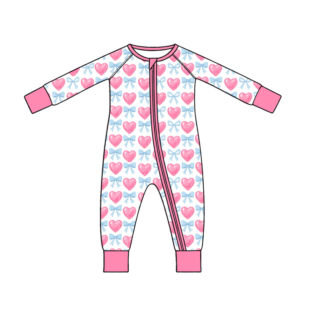 (Preorder new) No moq Baby Girls Pink Heart Blue Bow Print Long Sleeve Pajama Set And Zipper Romper