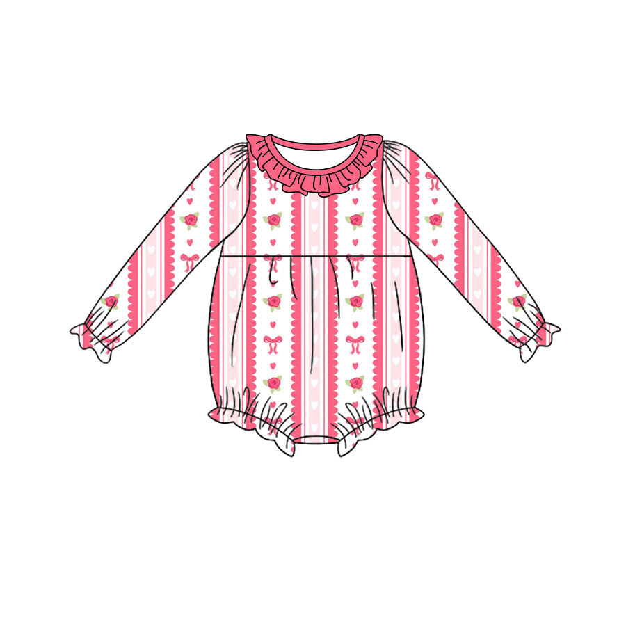 (Preorder new) No moq Baby Girls Pink Rose Bow Stripe Print Ruffle Romper And Solid Top Bell Bottom Pants Set