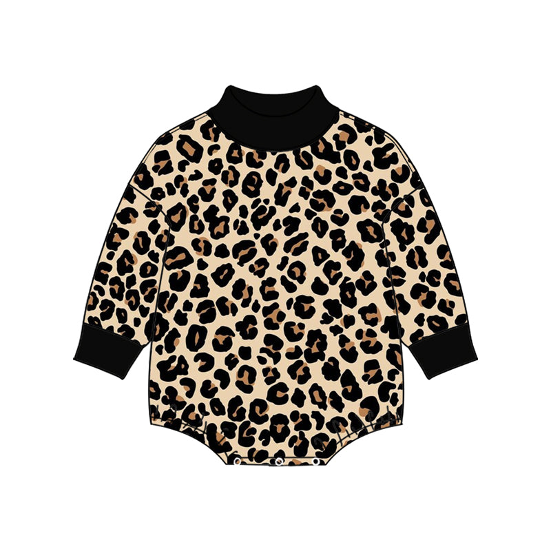 (Preorder new) No moq High Neck Baby Girls Colorful Leopard Print Long Sleeve Bubble Romper