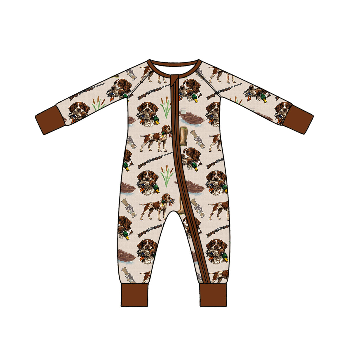(Preorder new) No moq Baby Boys Duck Hunting Dog Print Zipper Romper And Long Sleeve Top Pant Pajama Set