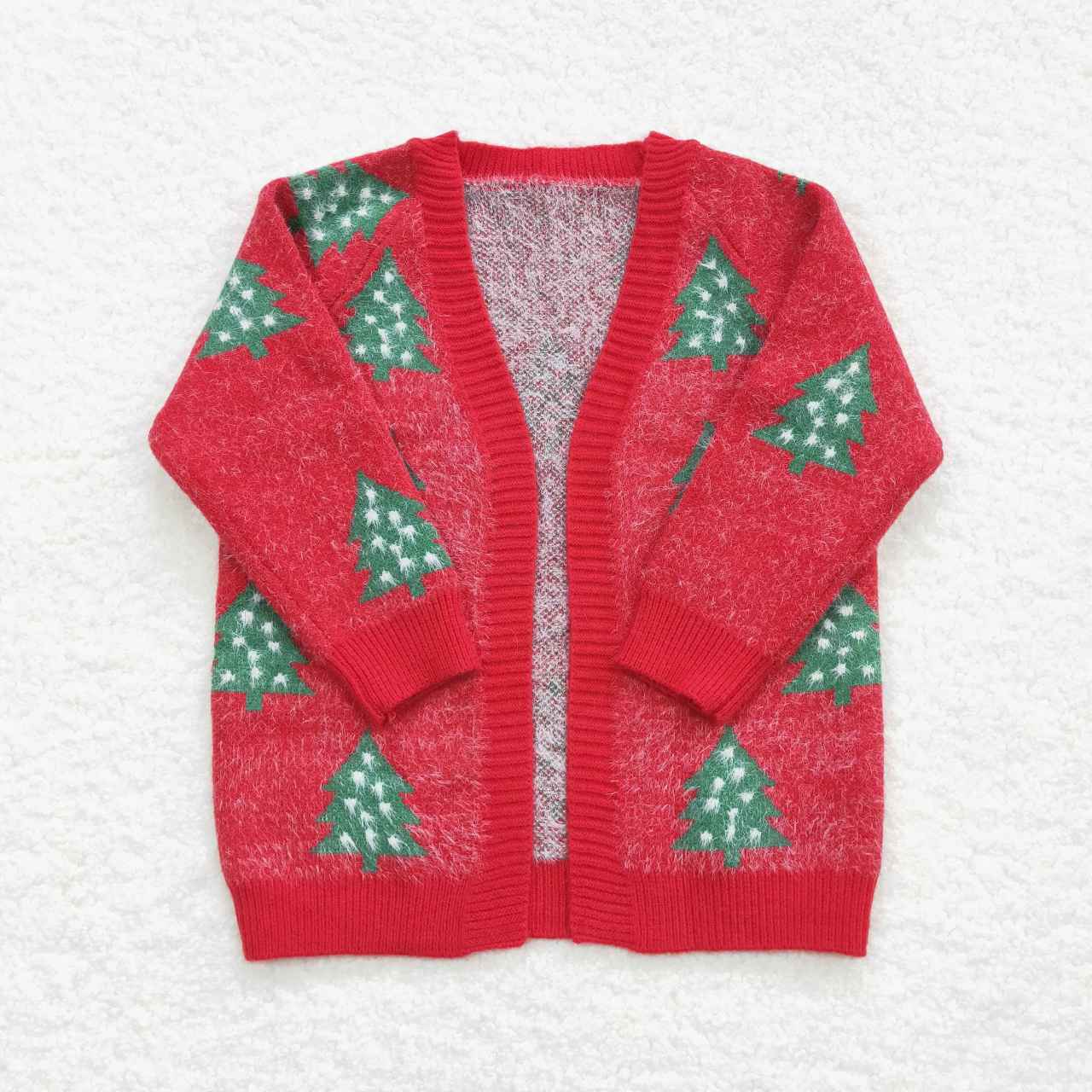 RTS NO MOQ(In Stock) GT0356 White Polka Dot Christmas Tree Red Long Sleeve Sweater Cardigan
