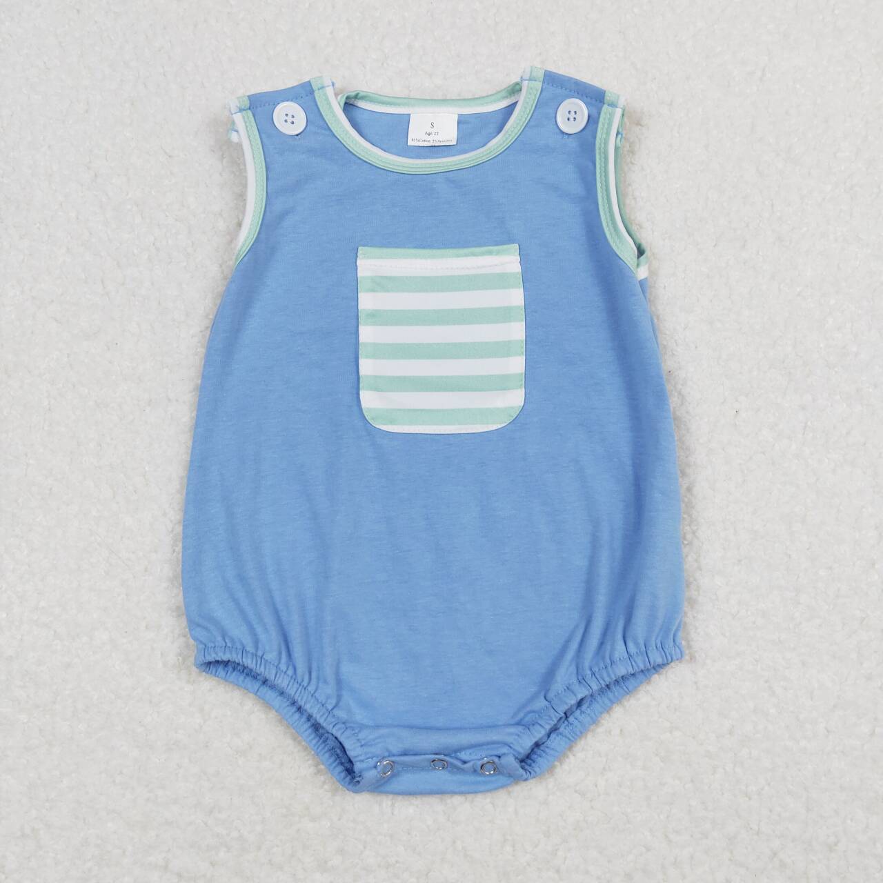 RTS NO MOQ(In Stock) Green and white striped pocket blue vest jumpsuit
