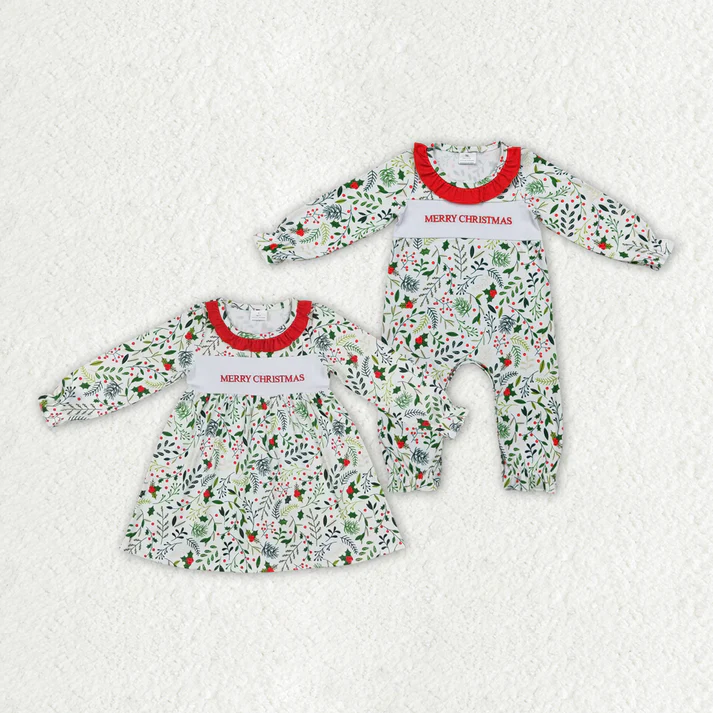 RTS NO MOQ Baby Girls Merry Christmas Leaves Sibling Rompers Dresses embroidery
