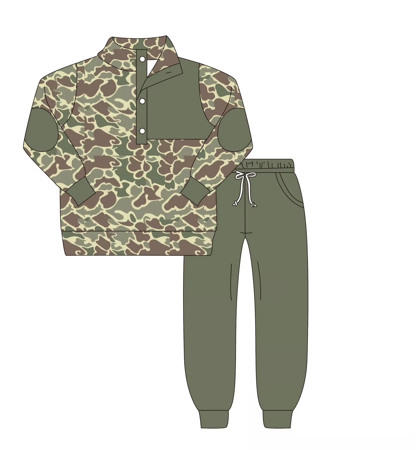 Custom moq 3 eta 6-8weeks Army Green Camouflage Button Stand Collar Pullover Long Sleeve Suit
