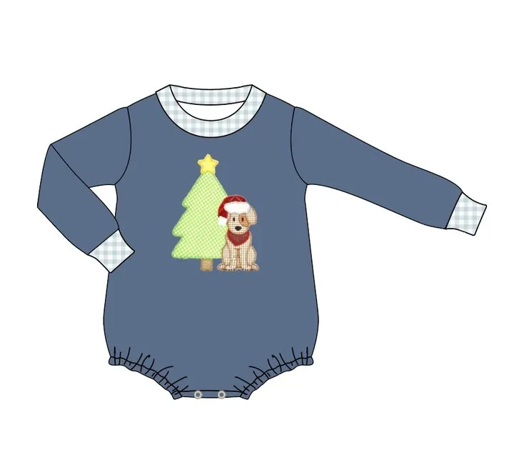 Custom moq 3 eta 6-8weeks Embroidered Christmas Tree Puppy Haze Blue Long Sleeve Climbing Suit