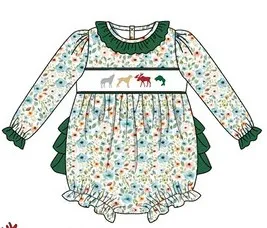 Custom moq 3 eta 6-8weeks Green ruffled long-sleeved romper with animal print cuffs