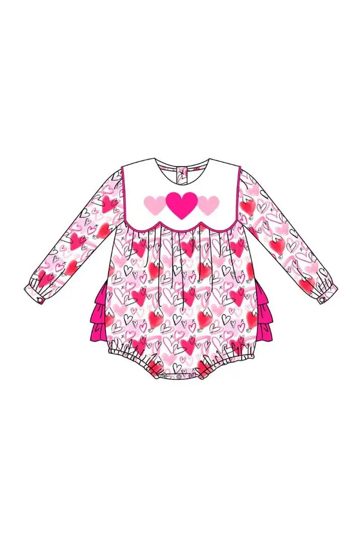 Custom moq 3 eta 7/8week moq 5 eta /4/5week Pink hand-painted heart petal neckline long-sleeved short romper