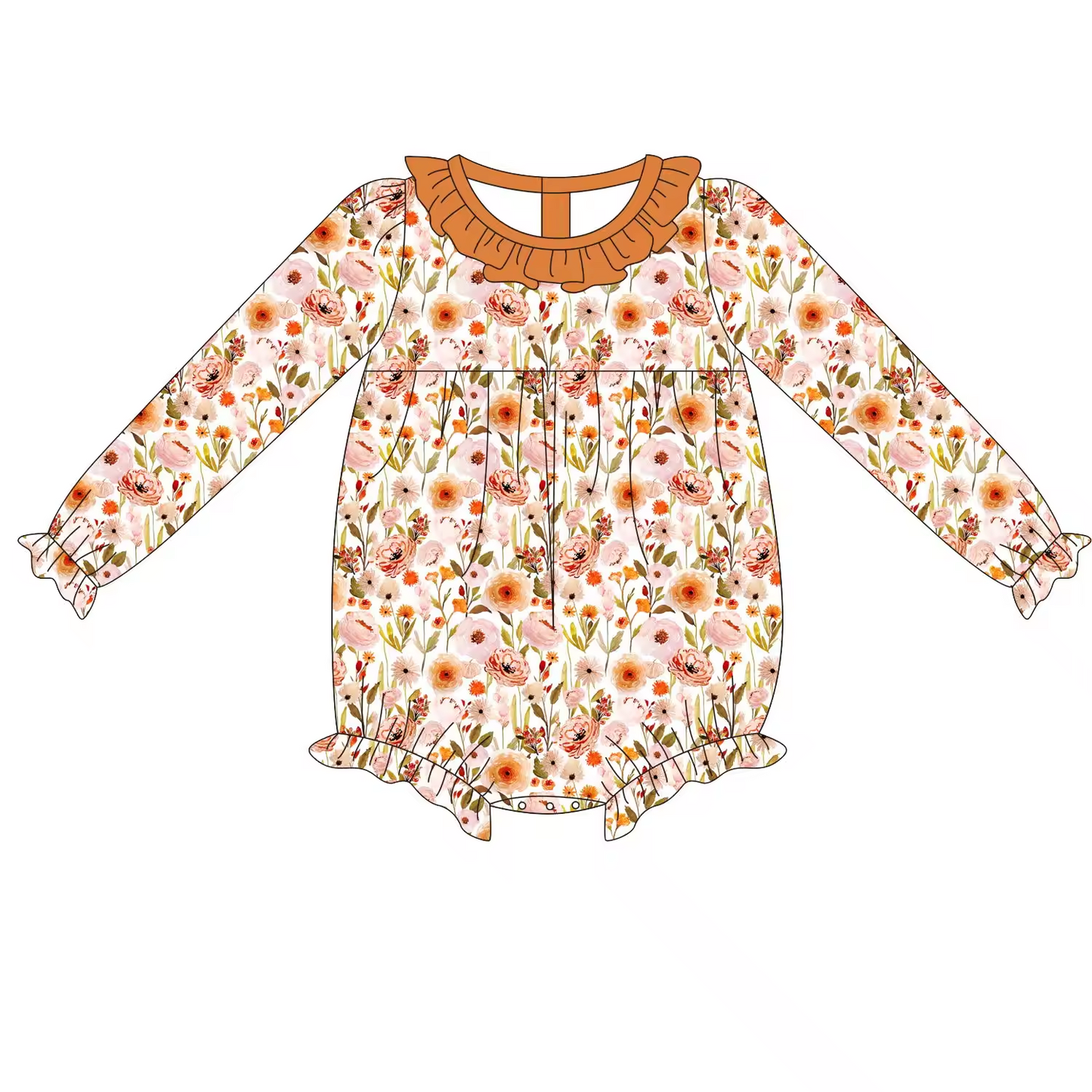 Custom moq 3 eta 6-8weeks Orange Rose Leaf Pleated Round Neck Long Sleeve Climbing Suit