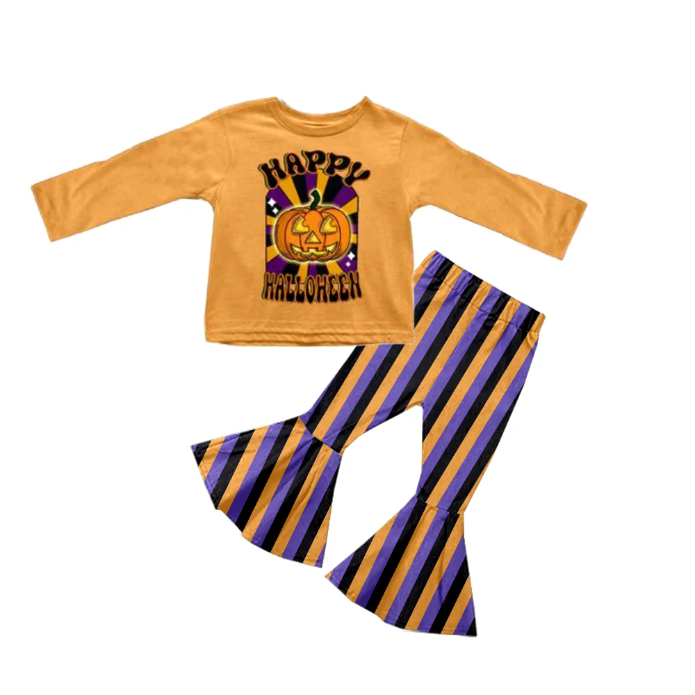 Custom moq 3 eta 6-8weeks Yellow Pumpkin Long Sleeve Top-Purple Striped Flared Pants Set