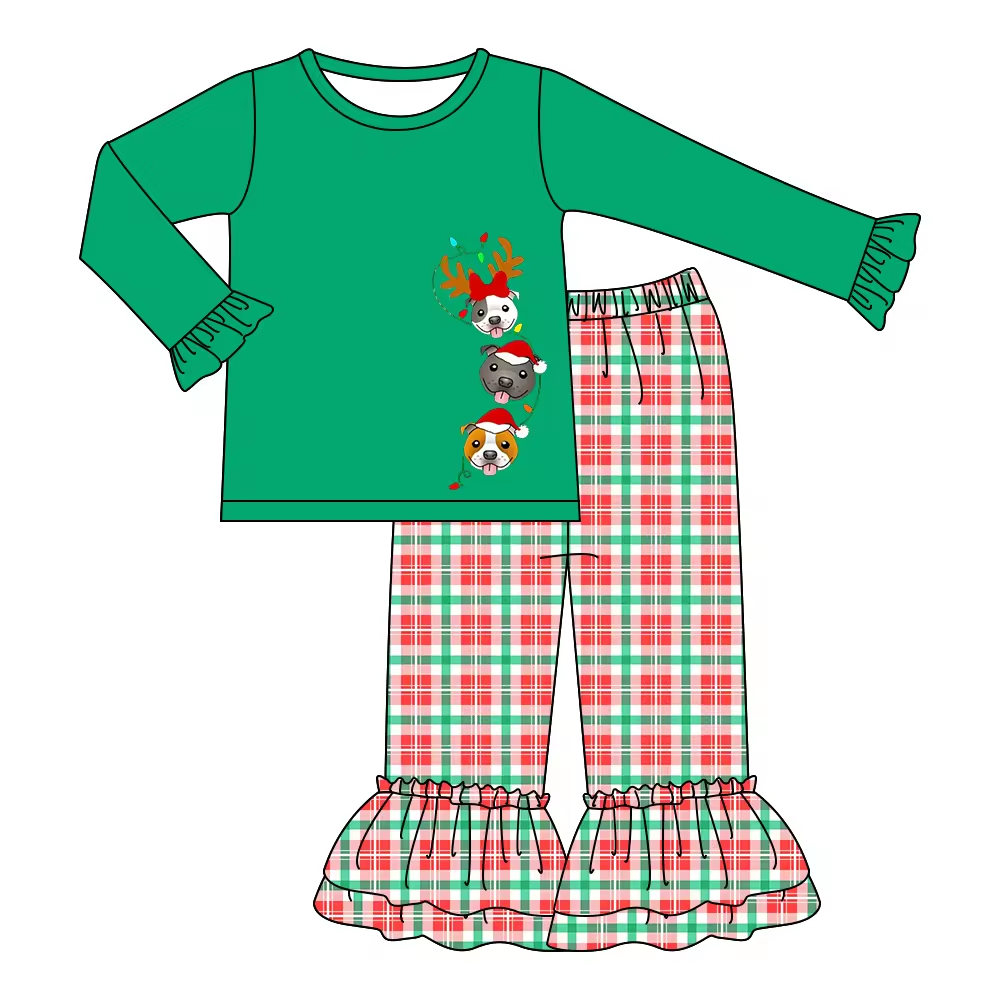 Custom moq 3 eta 6-8weeks Long Sleeve Christmas Puppy Green Lace Cuff Top - Red Plaid Pants Set