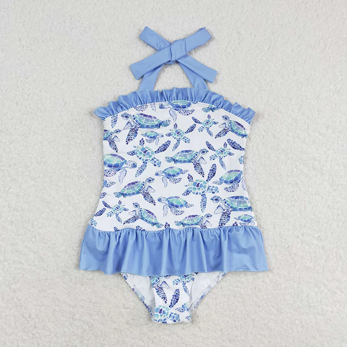 RTS NO MOQ Baby Girls Boys Sibling Turtles Top Blue Summer Clothes Sets