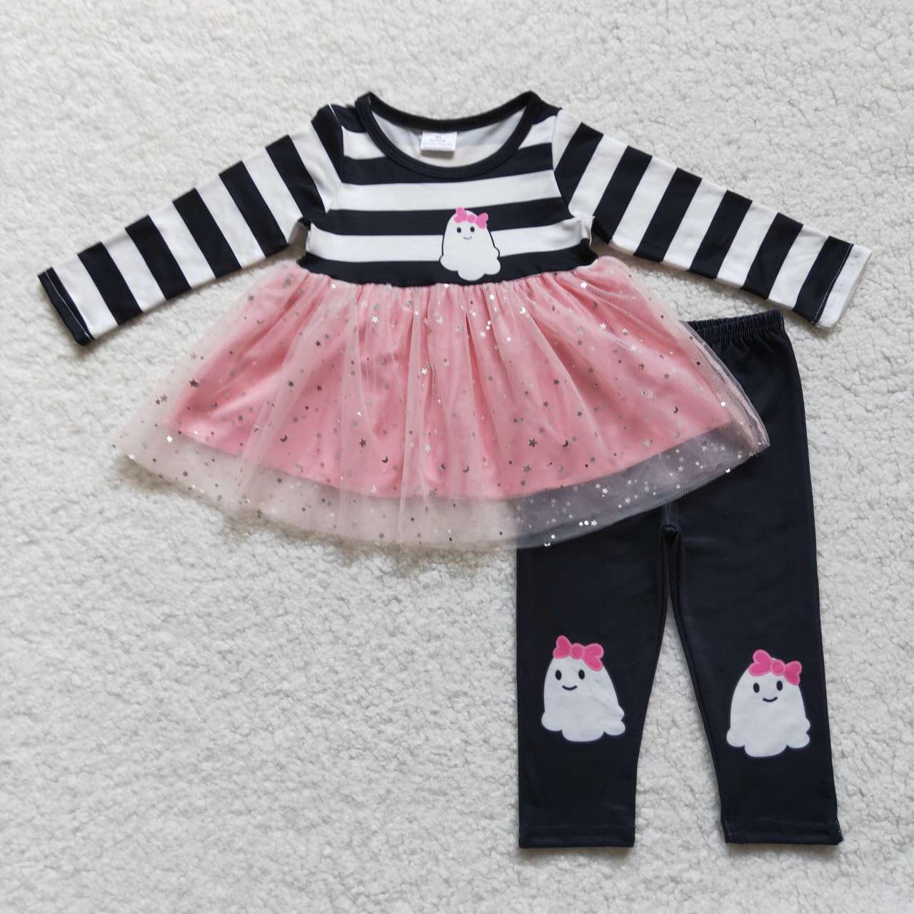 GLP0651 Bow Ghost Black & White Stripe Long Sleeve Top Trouser Set