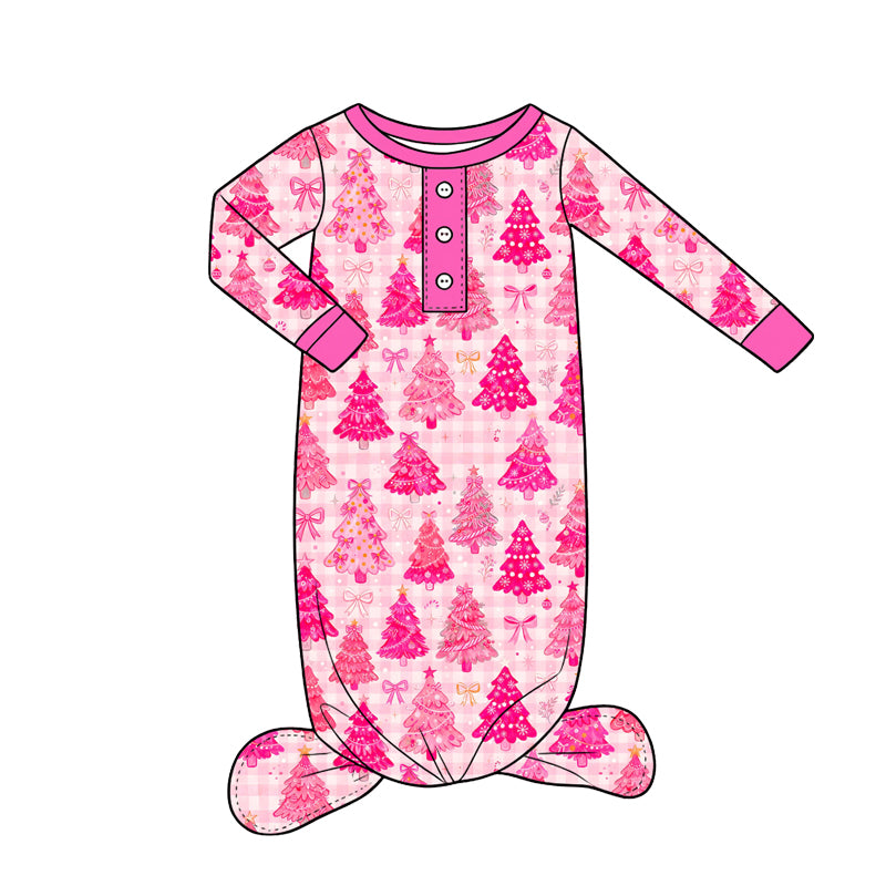 (Preorder new) No moq Baby Girls Pink Checked Bows Trees Button Top Pant Christmas Pajamas Set Sleepwear Outfit Dress Newborn Rompers