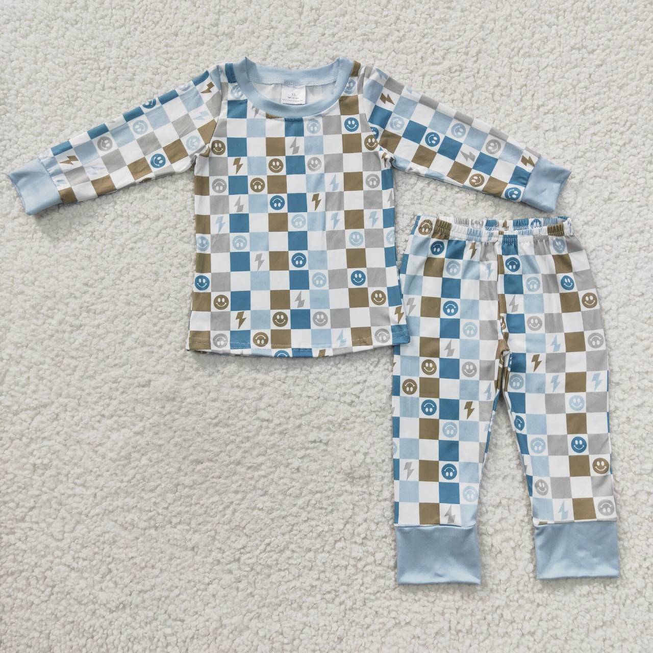 RTS NO MOQ(In Stock ) Smiley Lightning Plaid Blue Long Sleeve Trouser Set